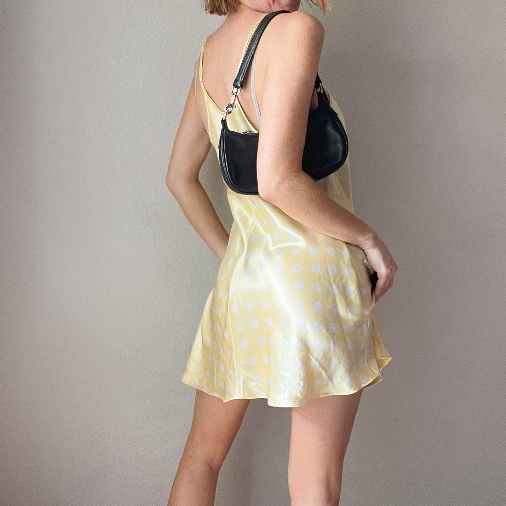 Vintage Yellow White Polka Dot Satin Mini Slip Dress - Picture 4 of 7